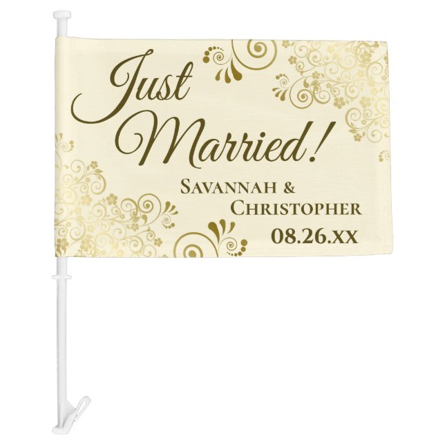 Just Married! Elegant Gold Frills Cream Newlyweds Car Flag (Front)