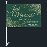 Just Married! Elegant Gold Frills Green Newlyweds Car Flag<br><div class="desc">This elegant car flag is the perfect way to announce to the world that you've just gotten married! Perfect for a reception parade or just to add to the wedding festivities. Features a beautiful design with an emerald green background, frilly gold filigree in the corners, and the caption "Just Married!"...</div>
