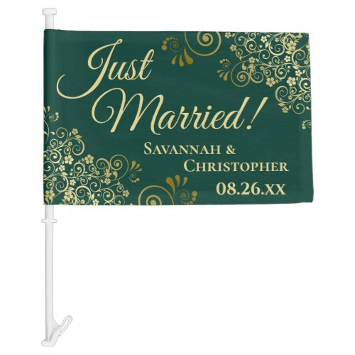 Just Married Elegant Gold Frills Green Newlyweds Car Flag