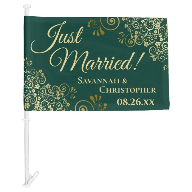Just Married! Elegant Gold Frills Green Newlyweds Car Flag (Front)