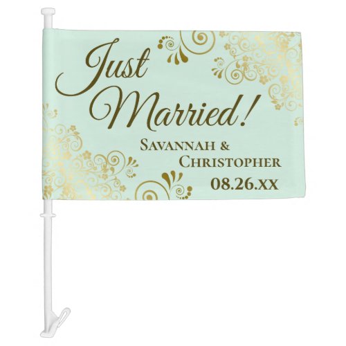 Just Married Elegant Gold Frills Mint Newlyweds Car Flag