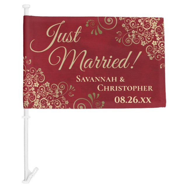 Just Married! Elegant Gold Frills on Red Newlyweds Car Flag (Front)