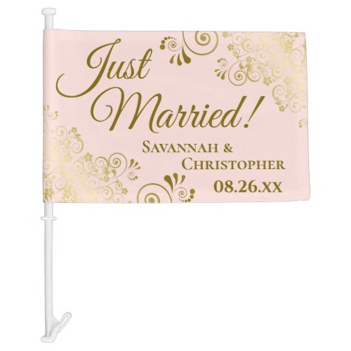 Just Married Elegant Gold Frills Pink Newlyweds Car Flag