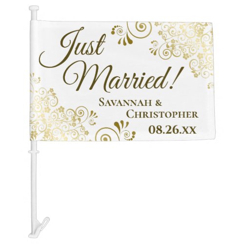 Just Married Elegant Gold Frills White Newlyweds Car Flag