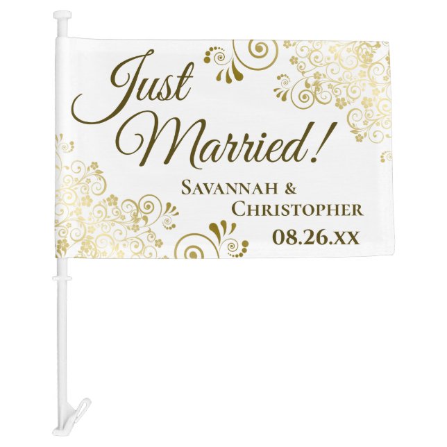 Just Married! Elegant Gold Frills White Newlyweds Car Flag (Front)