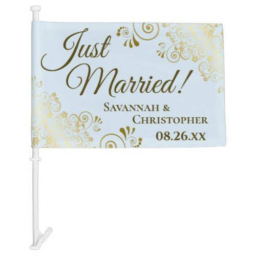 Just Married Elegant Gold  Powder Blue Newlyweds Car Flag