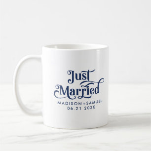 Just Married Elegant Navy Blue Typography Coffee Mug