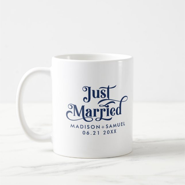 Just Married Elegant Navy Blue Typography Coffee Mug (Left)