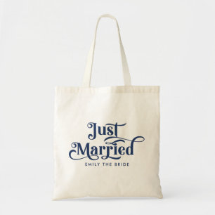 Just Married Elegant Navy Blue Typography Tote Bag