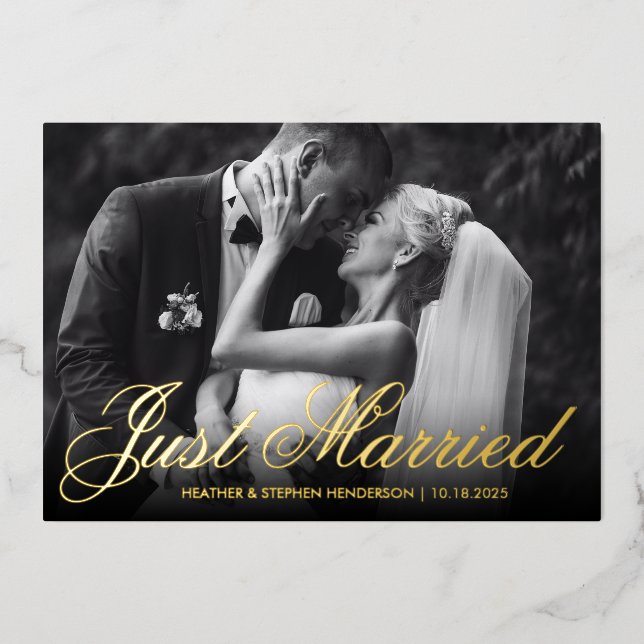 Just Married | Elegant Photo Wedding Reception  Foil Invitation (Front)