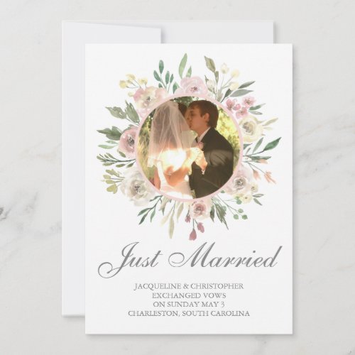 Just Married Elegant Pink Floral Photo Wedding Announcement