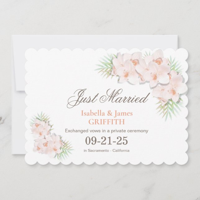 Just Married Elegant Pink Orchid Floral Wedding Announcement (Front)