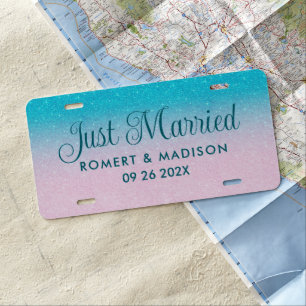 Just Married Elegant Pink Turquoise Ombre License Plate