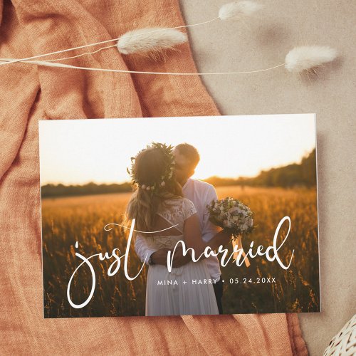 Just married Elegant romantic wedding photo card