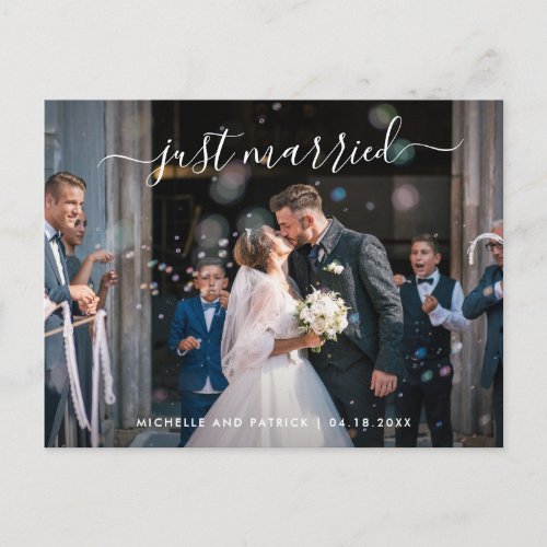 Just Married Elegant Script Photo Elopement Announcement Postcard