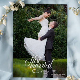 Just Married Elegant Script Photos Wedding Announcement