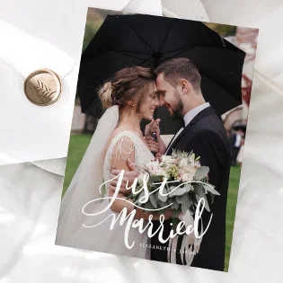 Just Married Elegant Script Wedding Photo Announcement Just Married Elegant Script Wedding Photo Announcement