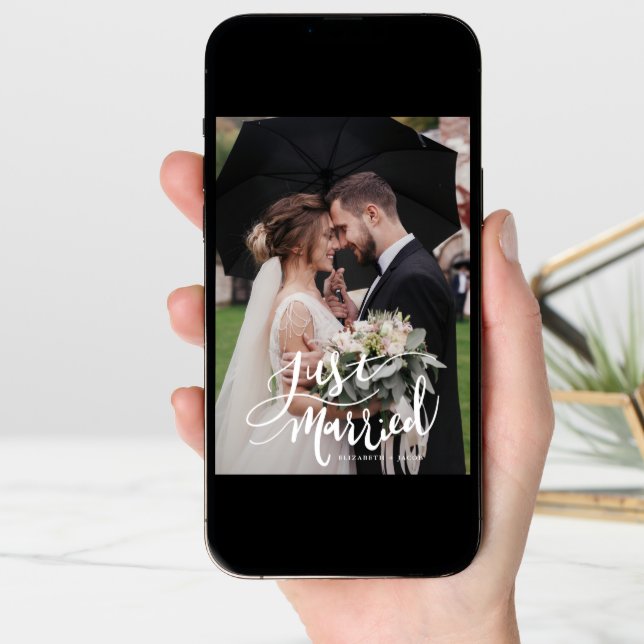 Just Married Elegant Script Wedding Photo  Announcement (Front Digital)