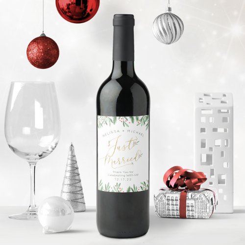Just Married Elegant Typography Christmas Wedding Wine Label