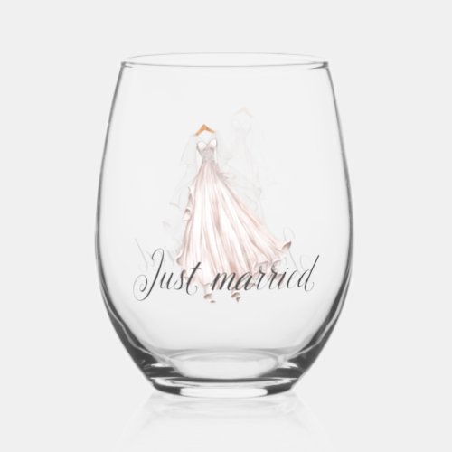 Just Married Elegant Watercolor Wedding Dress Stemless Wine Glass
