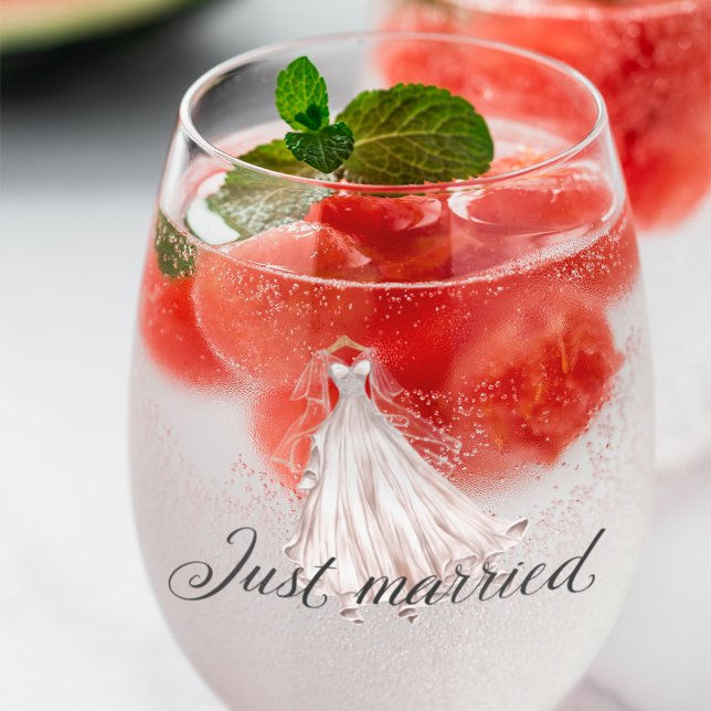 Just Married Elegant Watercolor Wedding Dress Stemless Wine Glass (Creator Uploaded)
