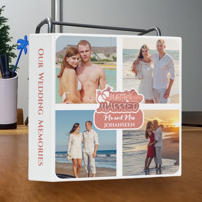 Just Married Elegant Wedding Photo Collage Album 3 Ring Binder (Creator Uploaded)