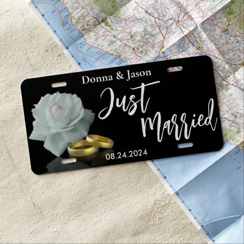 Just Married Elegant Wedding White Rose Gold Rings License Plate