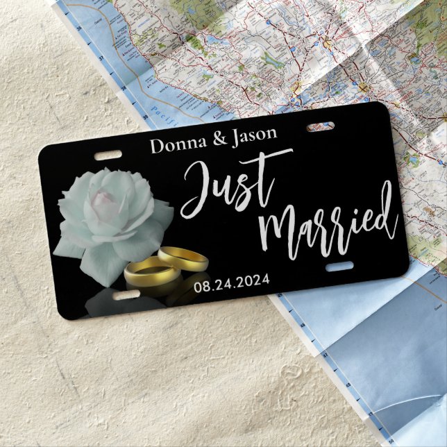 Just Married Elegant Wedding White Rose Gold Rings License Plate (In Situ)