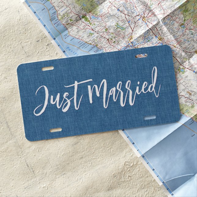 Just Married Elegant White Script Typography License Plate (In Situ)