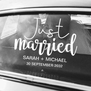 Just married elegant white script wedding car window cling