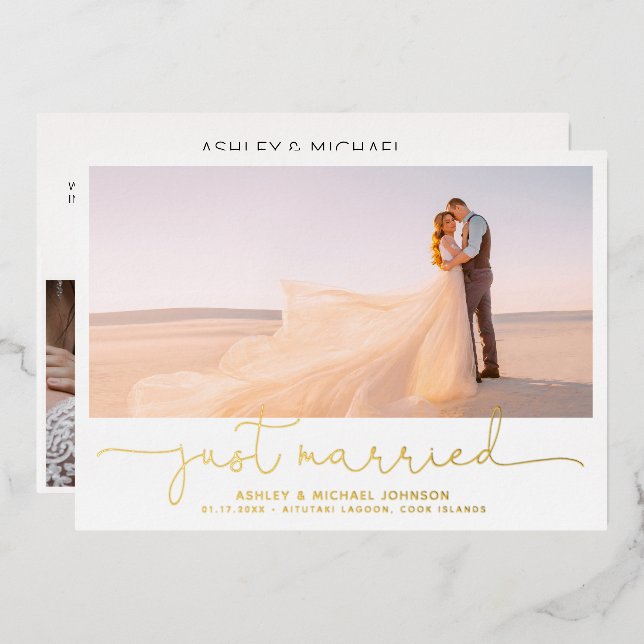 Just Married Elopement 4 Photo Reception Only Gold Foil Invitation (Front/Back)