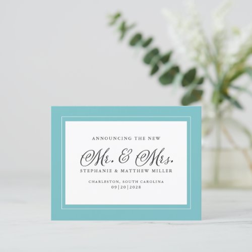 Just Married Elopement Aqua Green White Elegant Invitation Postcard