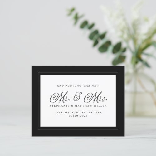 Just Married Elopement Black White Chic Elegant Invitation Postcard