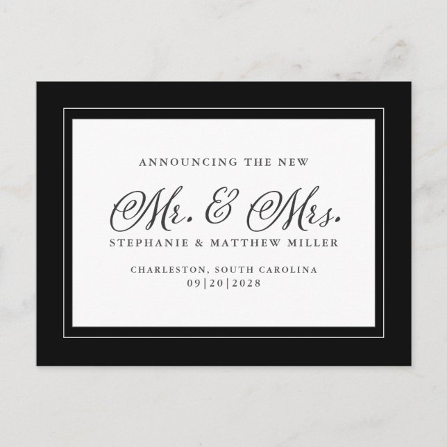 Just Married Elopement Black White Chic Elegant Invitation Postcard (Front)