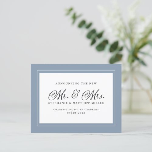 Just Married Elopement Dusty Blue White  Elegant Invitation Postcard