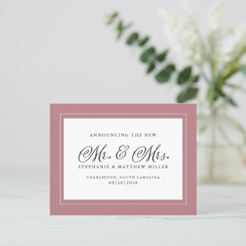 Just Married Elopement Dusty Rose Pink  Elegant Invitation Postcard