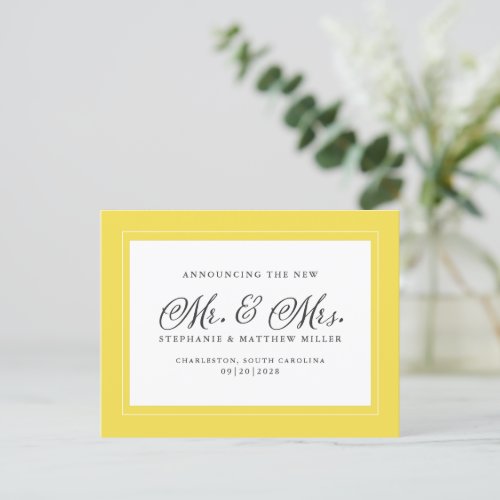 Just Married Elopement Trendy Yellow White Elegant Invitation Postcard