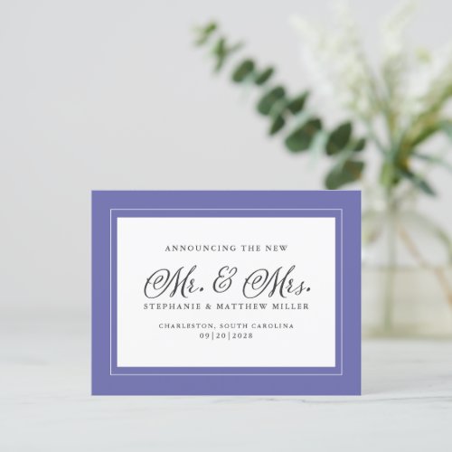 Just Married Elopement White Elegant Periwinkle Invitation Postcard
