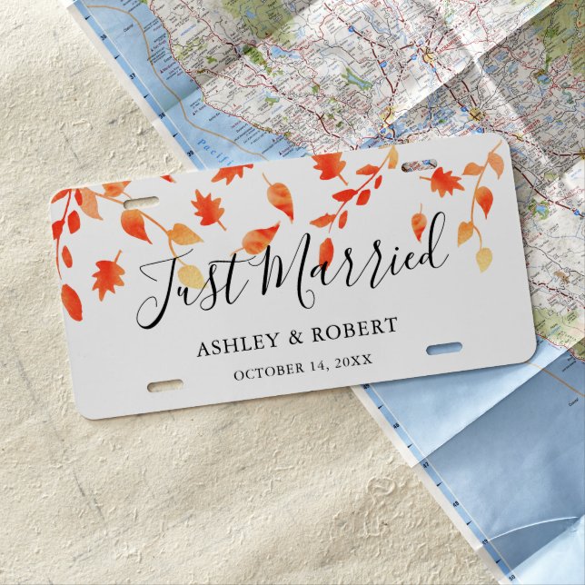 Just Married Fall Leaves Wedding Foliage Autumn License Plate (In Situ)