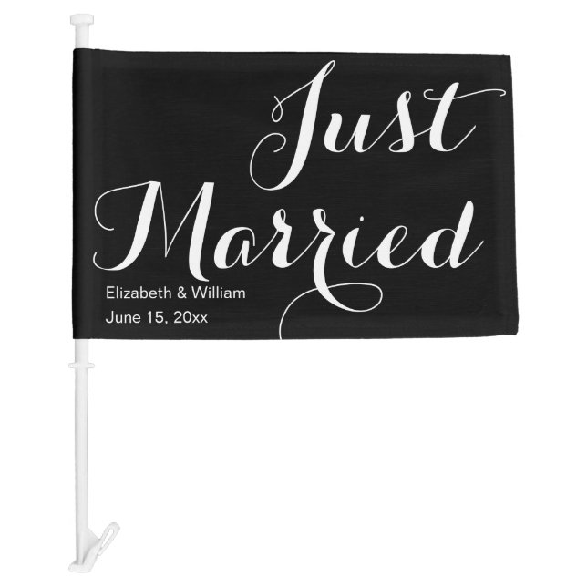 Just Married Fancy Script Black and White Wedding Car Flag (Front)