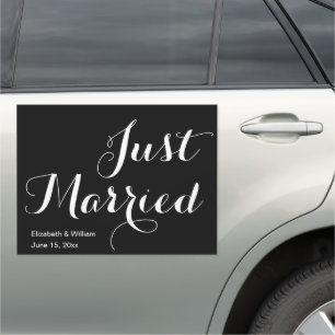 Just Married Fancy Script Black and White Wedding Car Magnet