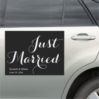 Just Married Fancy Script Black and White Wedding Car Magnet