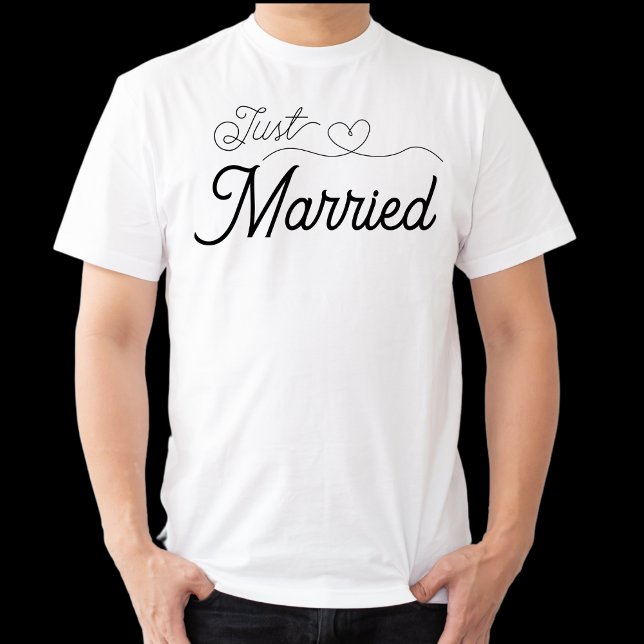 Just Married Fancy Script Heart Newlywed T-Shirt (Matching Wedding Shirts (his/hers))