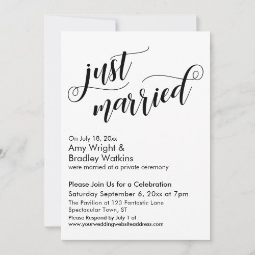 Just Married Fancy Script Post Wedding Celebration Invitation