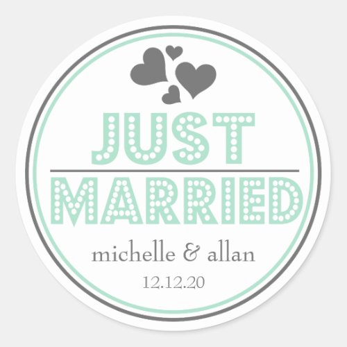 Just Married Favor Stickers Mint Green  Gray