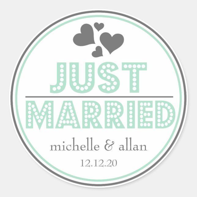 Just Married Favor Stickers (Mint Green / Gray) (Front)