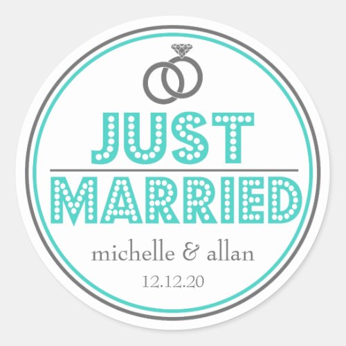 Just Married Favor Stickers Teal  Gray