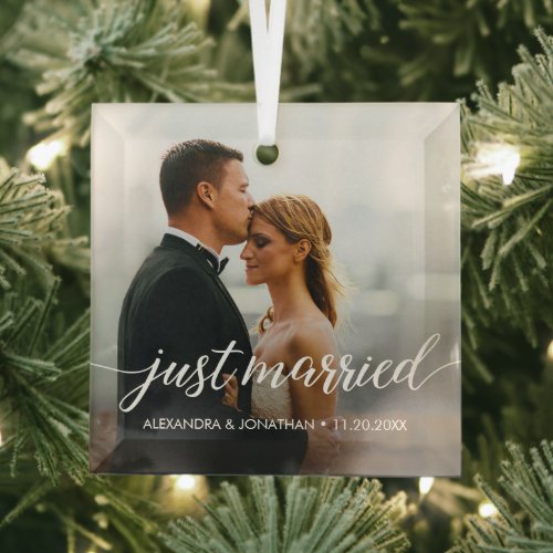 Just Married first Christmas Custom Photo Names  Glass Ornament