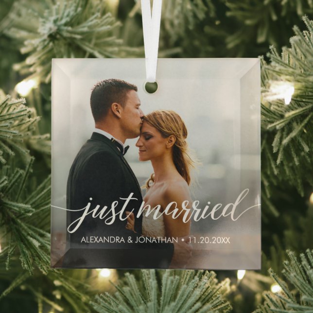 Just Married first Christmas Custom Photo Names  Glass Ornament (Insitu)