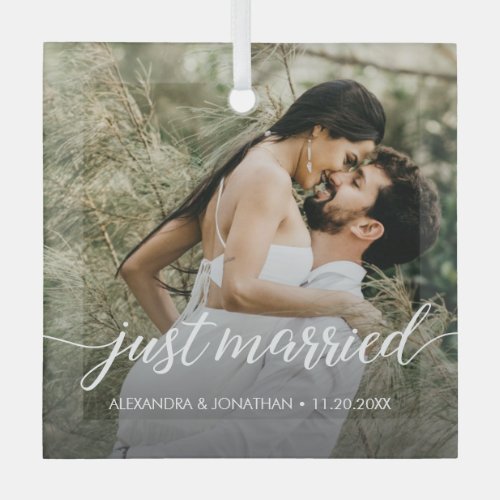 Just Married first Christmas Custom Wedding Photo Glass Ornament